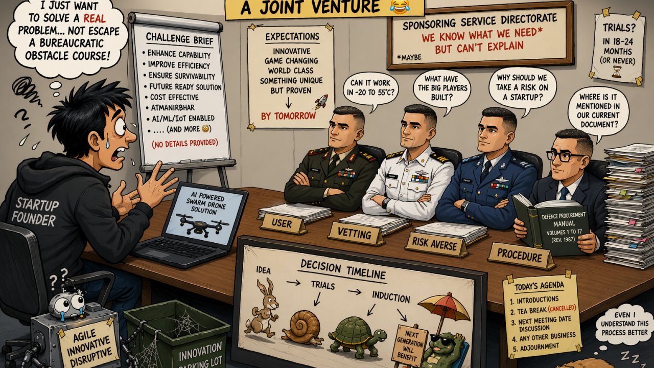 A Joint Venture — cartoon depicting the friction between defence startups and procurement bureaucracy